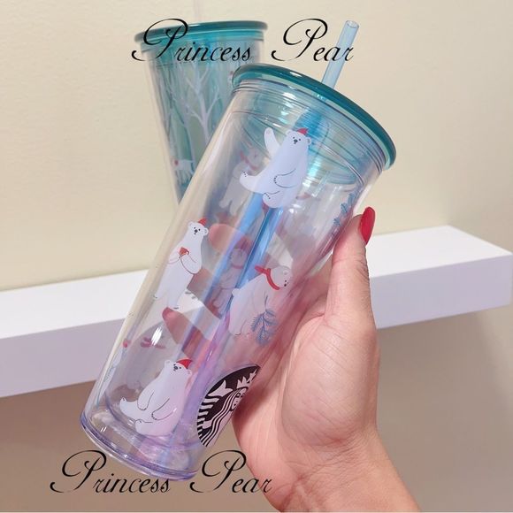 2x Starbucks ACRYLIC Christmas Polar Bear Present 2019 16 oz. COLD CUP - Picture 5 of 13